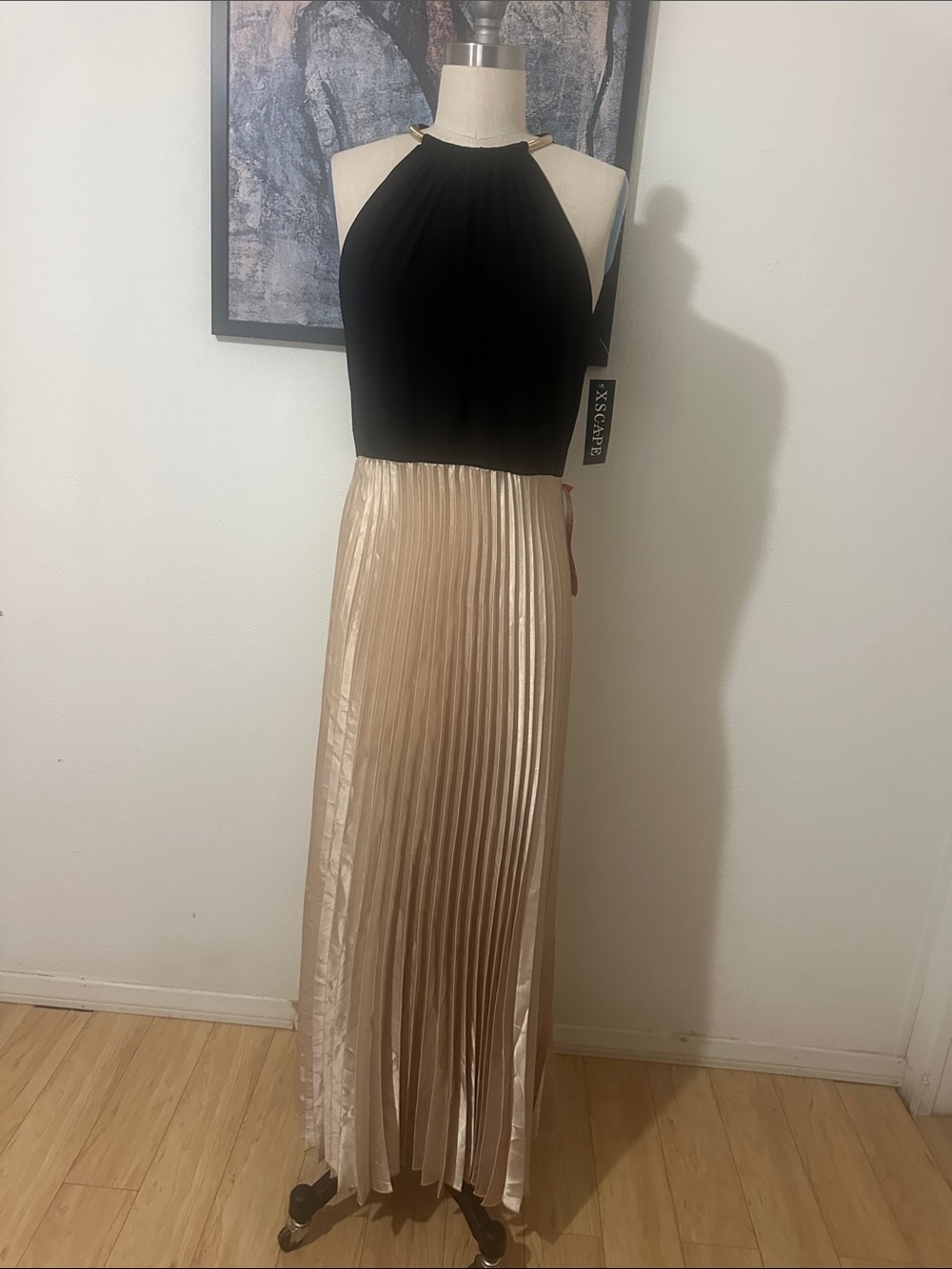 Xscape Black Halter Top with Champagne Pleated Maxi Skirt